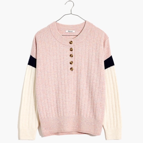 Madewell Sweaters - Madewell Striped Bowden Henley Alpaca Wool Sweater in Coziest Yarn Pink M